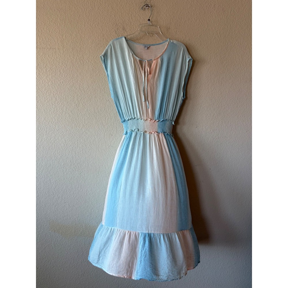 Rails Ashlyn Sunset Gradient Smocked Linen Blend Midi Dress Blue Peach Small